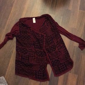 Burgundy Aztec print cardigan. XL.